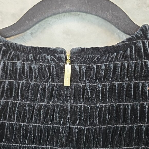 Michael Kors Smocked Stretch Velvet Mini Dress Womens Size XL Black Ruffle Hem - Picture 5 of 8